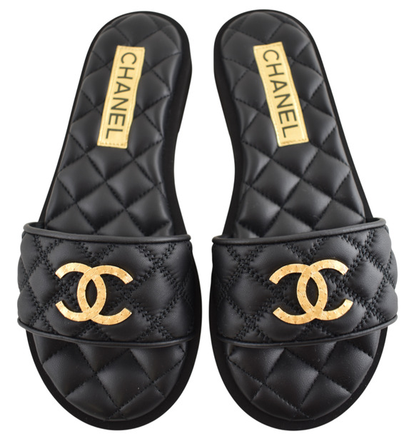 CHANEL Shoes - Chanel REV Black Quilted Leather Gold Logo Mule Slide Sandal Flip Flop Flat 35